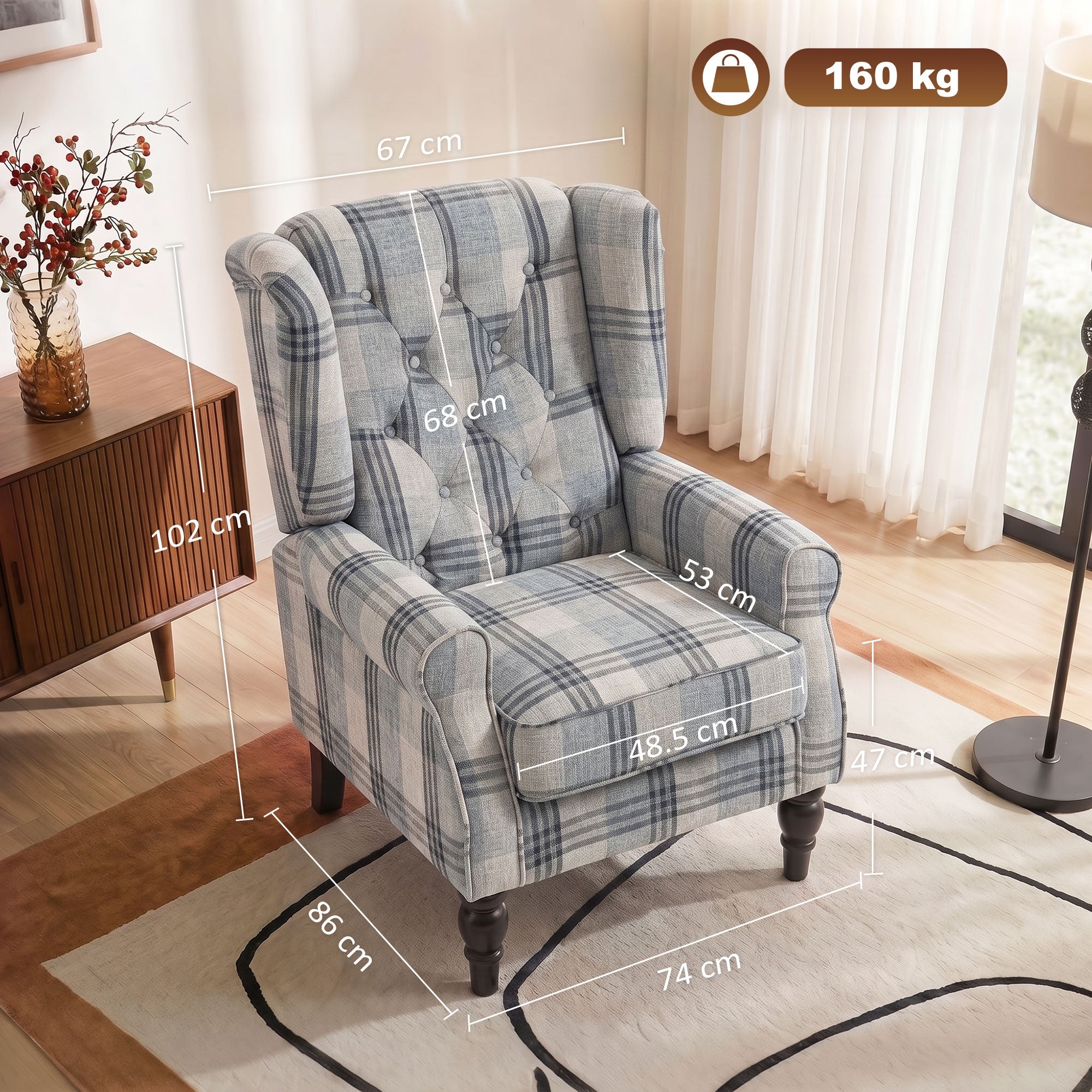 Faux Linen Armchair with Thick Spring Cushion, Wingback Accent Chair with High Back, Solid Wood Legs, Mixed Plaid