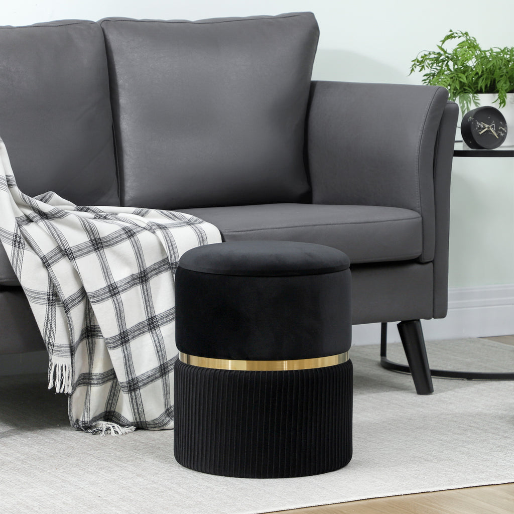 Velvet-Feel Storage Ottoman - Black