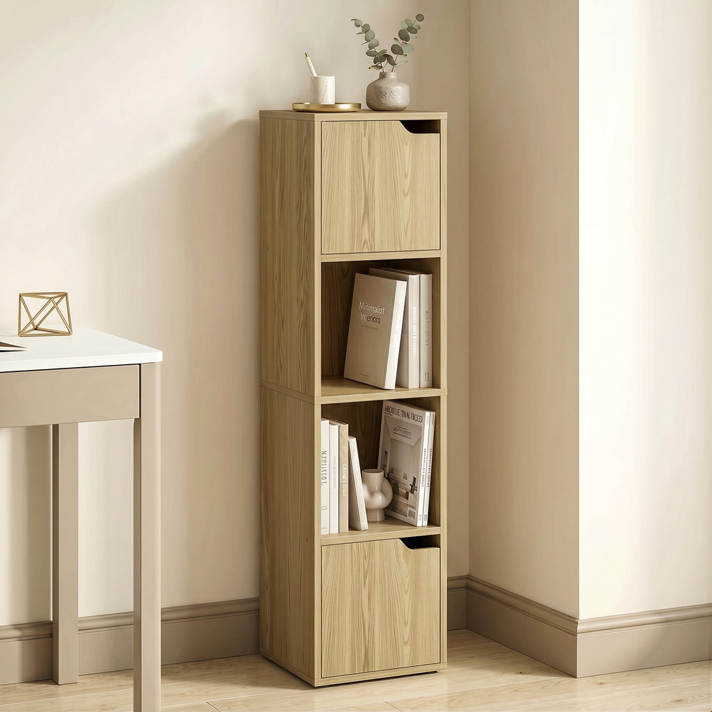 Narrow Bookcase, 4-Tier Bookshelf, Storage Cabinet with doors for Living Room, Bedroom, Oak
