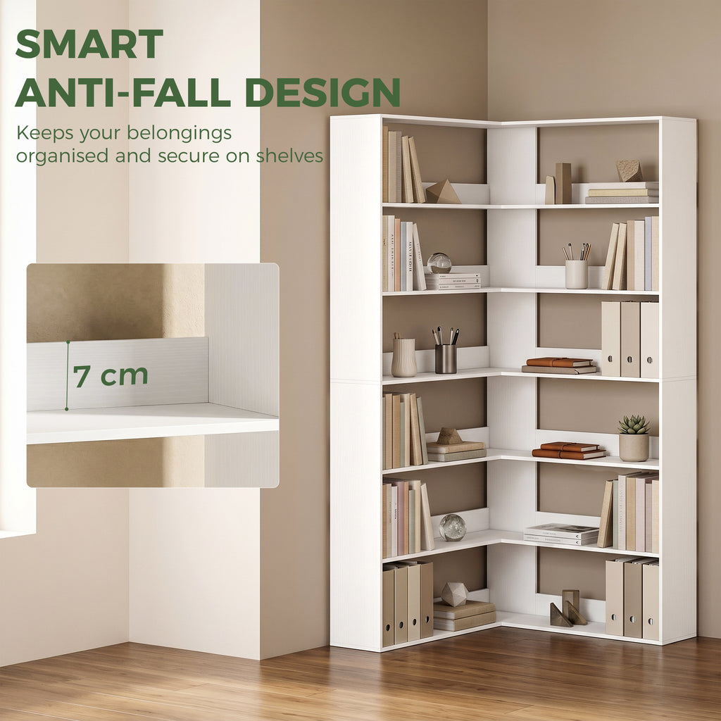 7 Tiers Bookshelf, L-Shaped Corner Bookcase with Anti-Slip Rear Guard, White Wood Effect