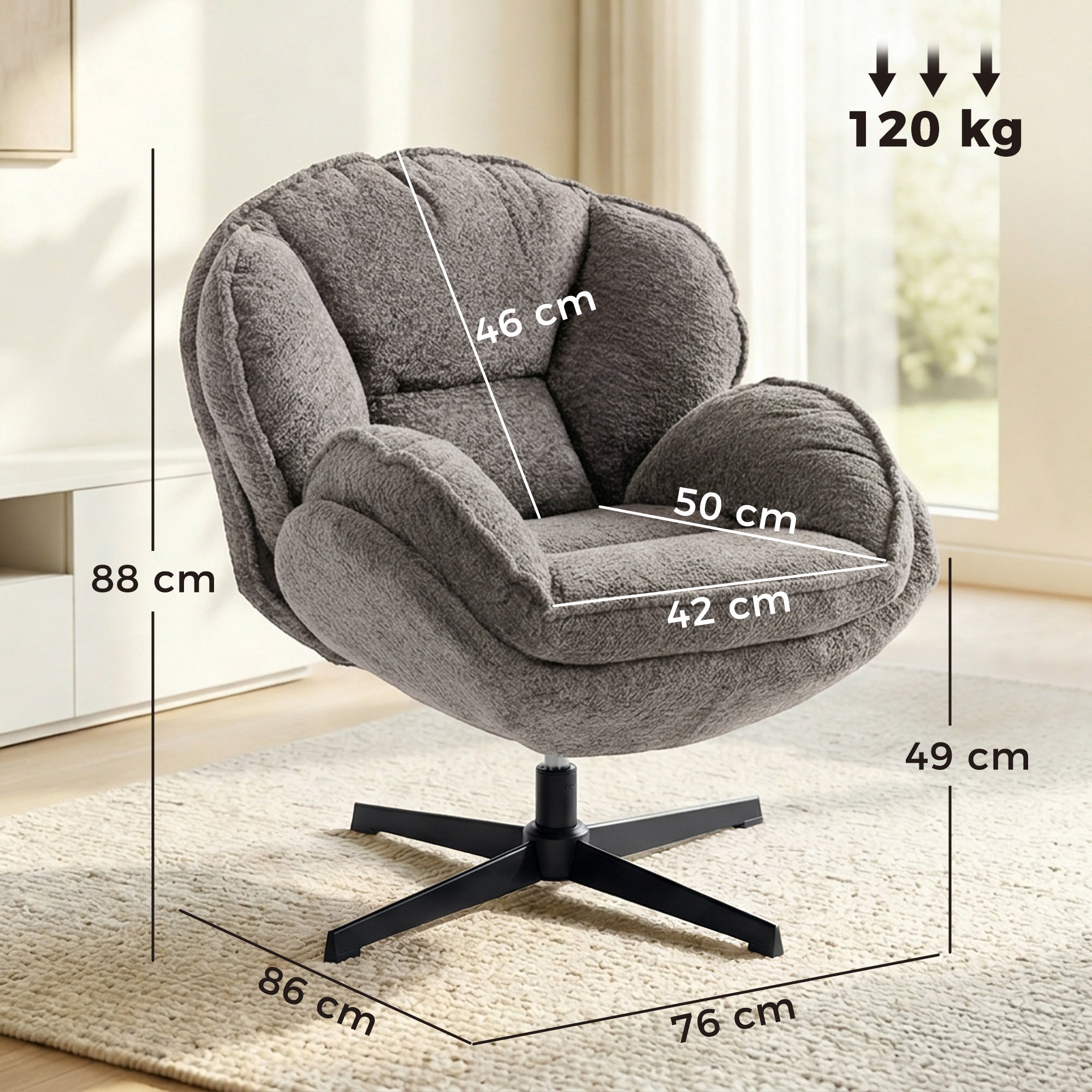 Modern Wingback Accent Chair, Velvet Armchair with Four-Star Base, S-Springs, Swivel, Grey