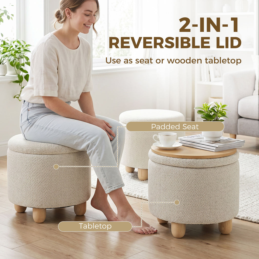 Storage Sitting Bench with Lid, Round Storage Ottoman with Rubberwood Legs, Beige