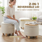 Storage Sitting Bench with Lid, Round Storage Ottoman with Rubberwood Legs, Beige