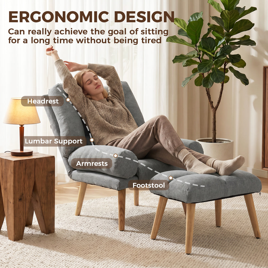 Recliner Chair with Footstool, Recliner Armchair with Adjustable Backrest, Thick Cushion and Wooden Legs, Grey