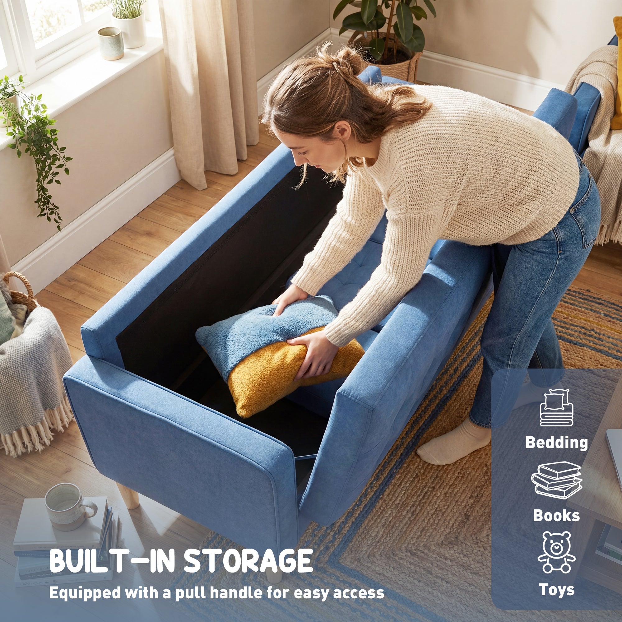3 Seater Sofa, 169cm Couch with Hidden Storage, Wood Legs, Blue