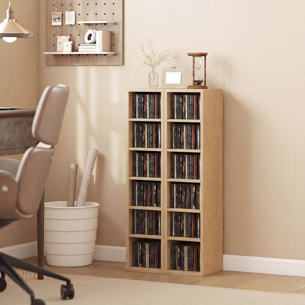 Set of 2 CD Media Display Shelf Unit Tower Rack with Adjustable Shelves, Natural