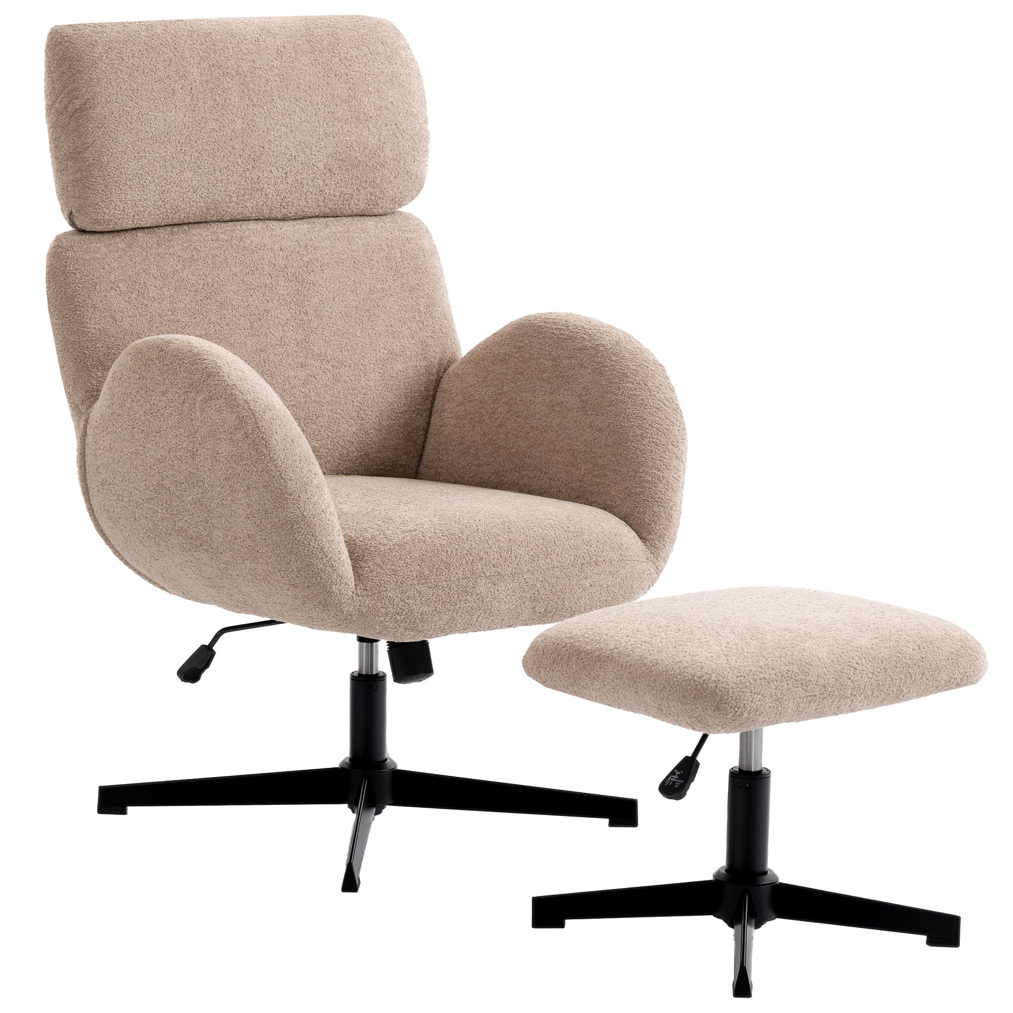 Swivel Armchair and Footstool Set, Height Adjustable Accent Chair with Adjustable Headrest, Rocking Function, Light Brown