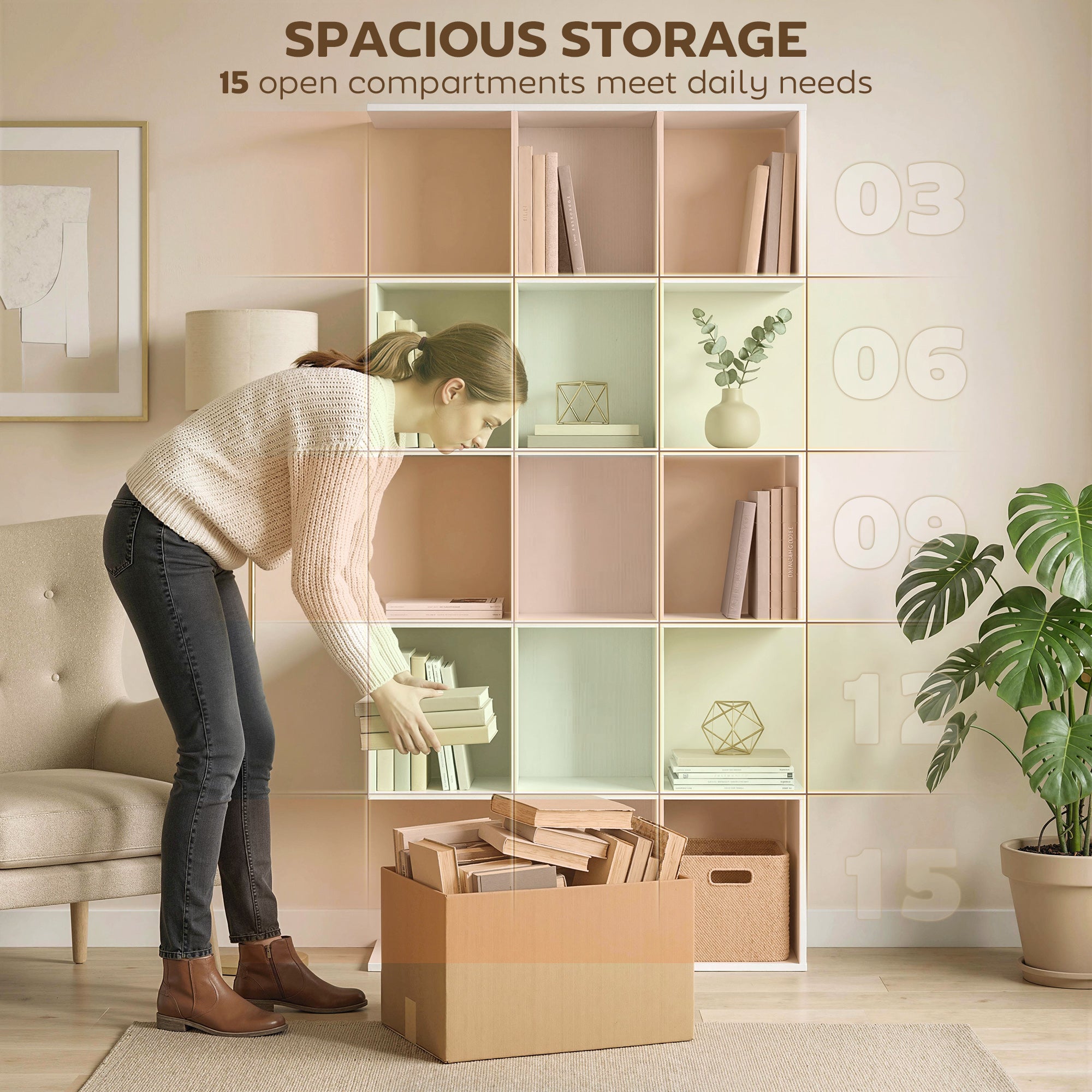 5-Tier Bookshelf, S Shaped Geometric Bookcase with 15 Compartments, White Wood Effect