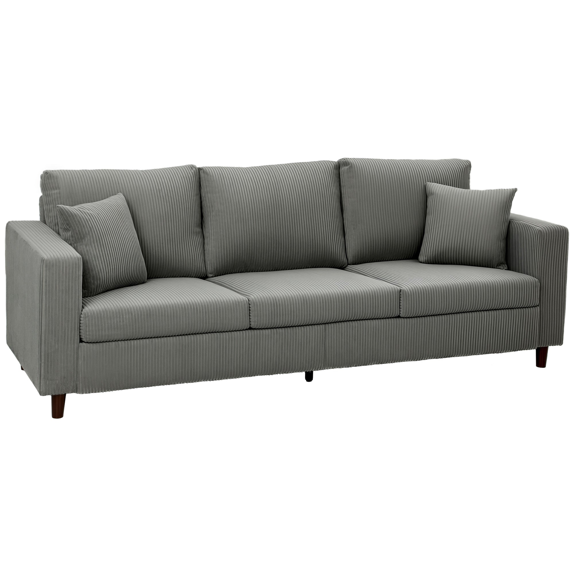 3 Seater Sofa with Wide Seat, Corduroy Fabric Couch with Deep Seat, Spring Cushion, Light Grey