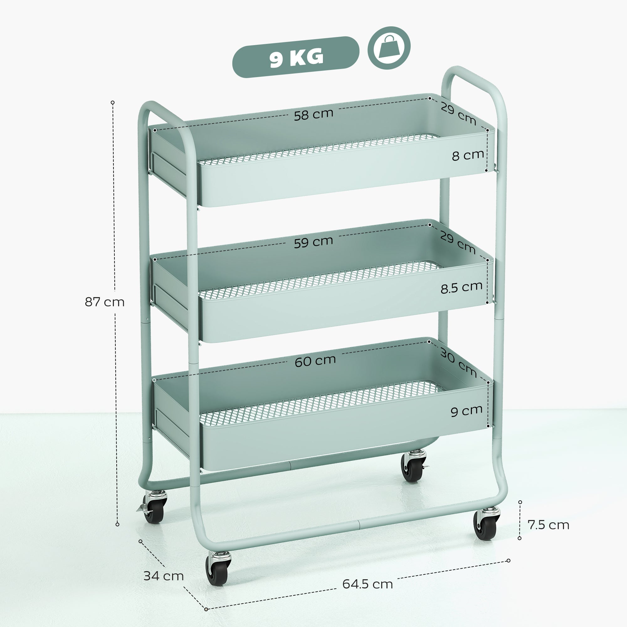 HOMCOM 3-Tier Storage Trolley on Wheels with Mesh Baskets - Light Green