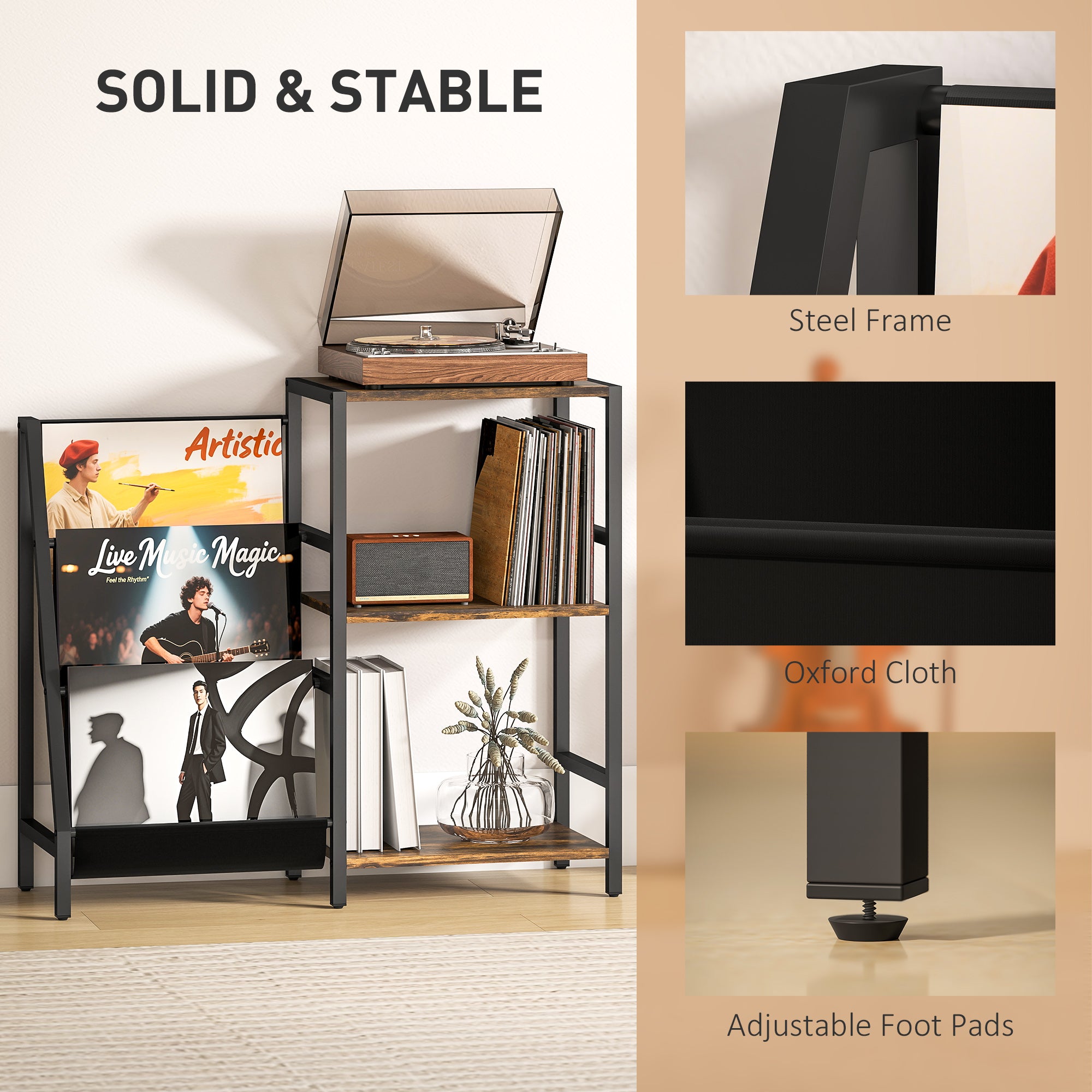 3-Tier Record Player Stand, End Table for Living Room, Bedroom - Rustic Brown