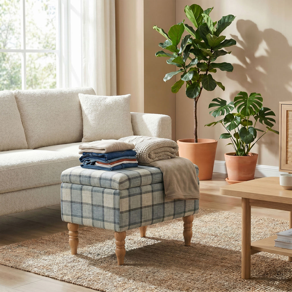 Linen Fabric Upholstered Footstool, Rectangular Storage Stool with Removable Top, Padded Seat and Hidden Space, Grey
