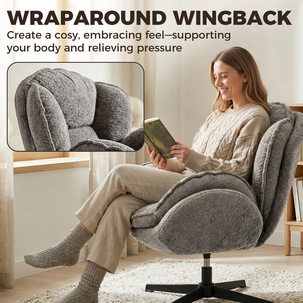 Modern Wingback Accent Chair, Velvet Armchair with Four-Star Base, S-Springs, Swivel, Grey