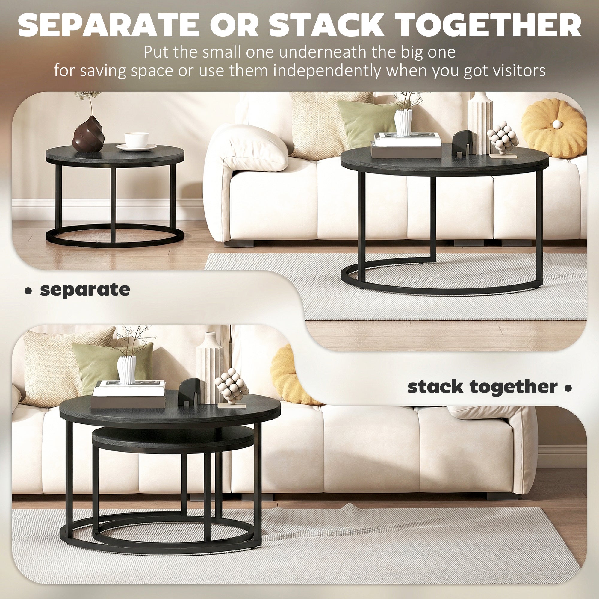 Set of Two Wood-Effect Stacking Tables - Black Wood Grain