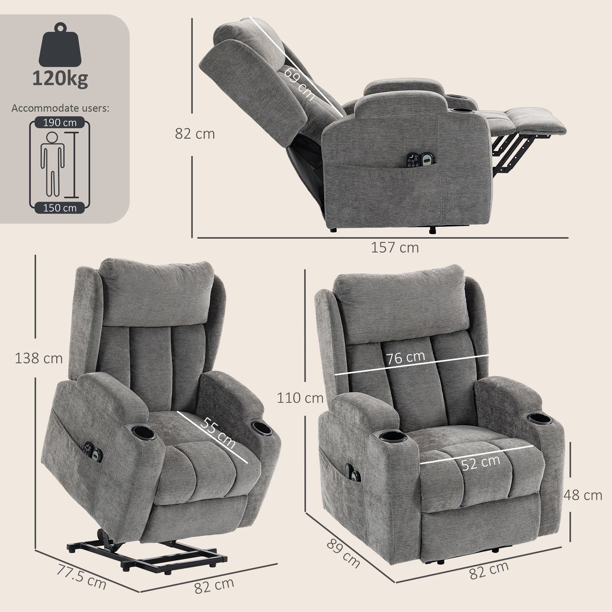 HOMCOM Power Lift Recliner Chair with Vibration Massage and Heat, Chenille Riser and Recliner Armchair for Elderly, Grey