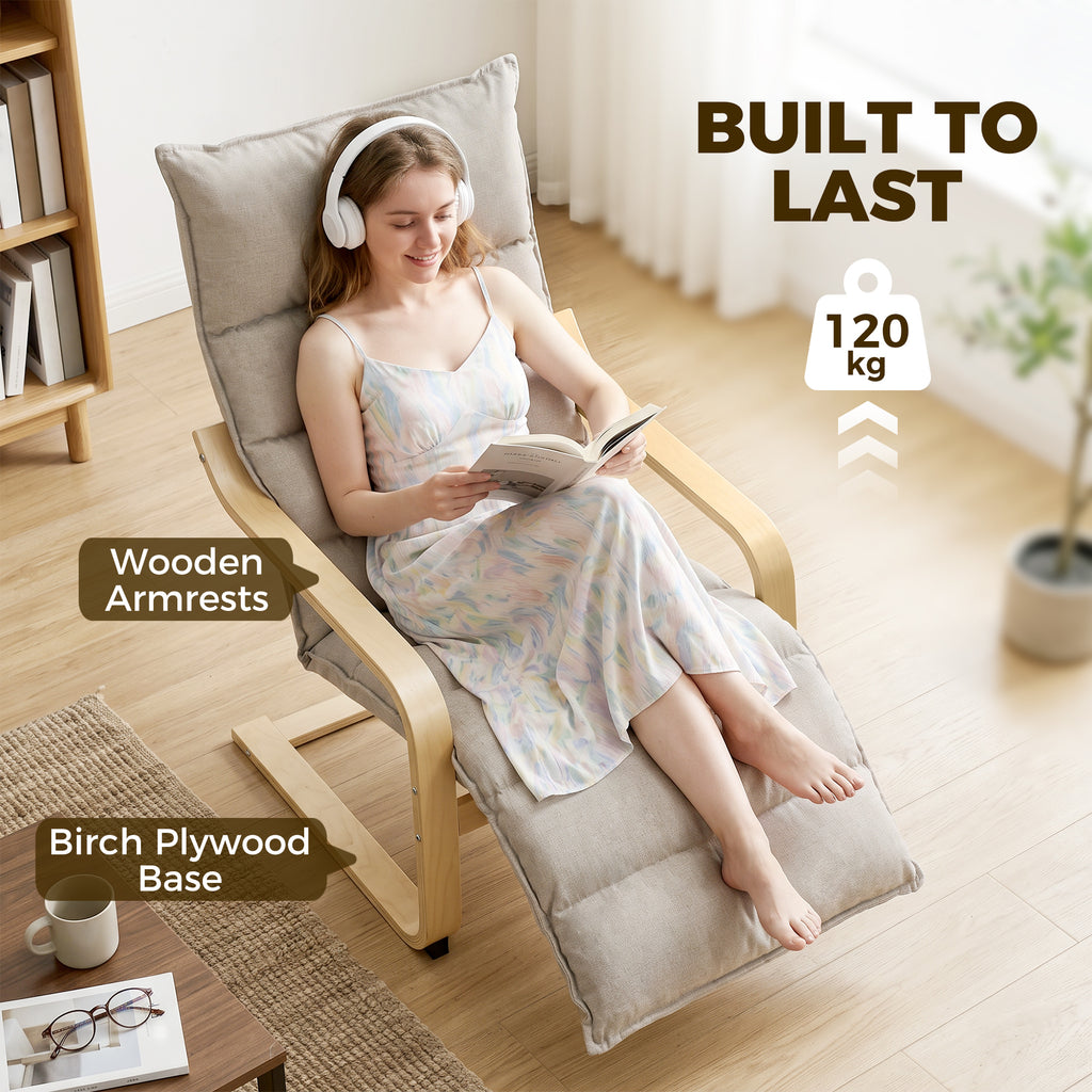 Curved Wooden Accent Chair, Armchair with Adjustable Footrest, Light Brown