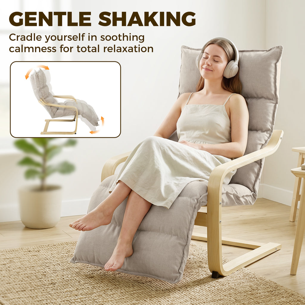 Curved Wooden Accent Chair, Armchair with Adjustable Footrest, Light Brown