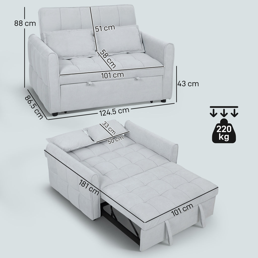 2 Seater Sofa Bed, 3-in-1 Convertible Sleeper Sofa with Click-clack Adjustable Backrest and 2 Pillows, Light Grey
