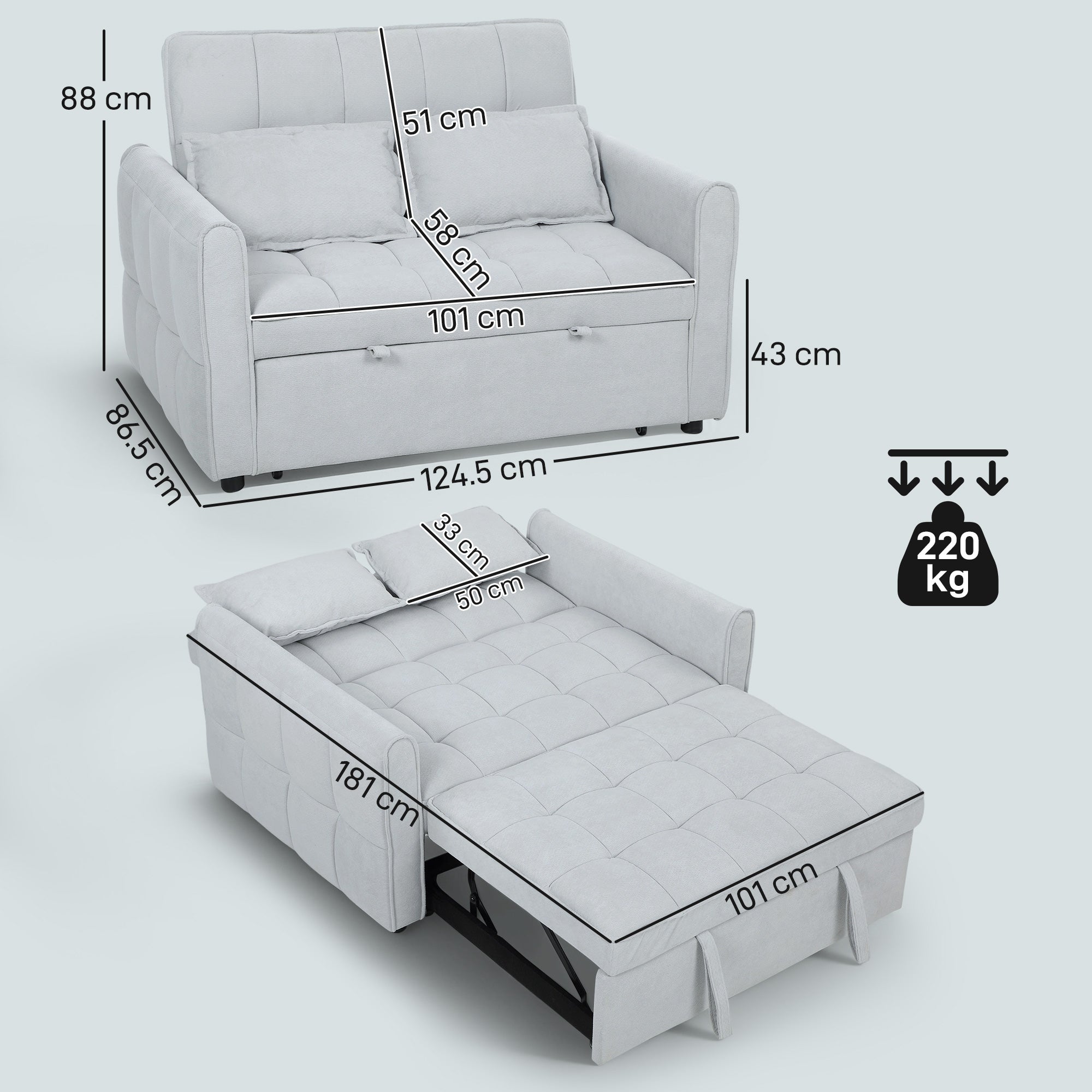 2 Seater Sofa Bed, 3-in-1 Convertible Sleeper Sofa with Click-clack Adjustable Backrest and 2 Pillows, Light Grey