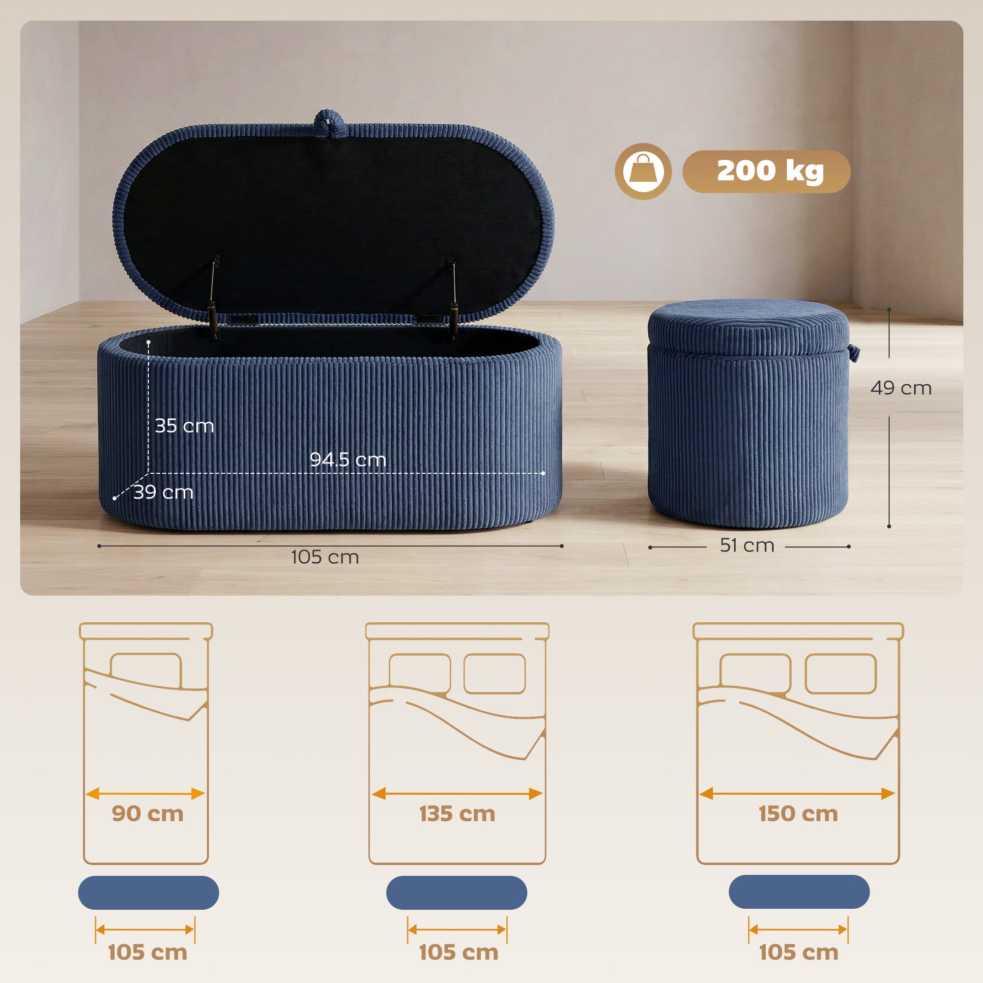 Storage Ottoman, Corduroy Upholstered Ottoman Storage Box with Padded Seat, 105 x 51 x 49 cm, Blue