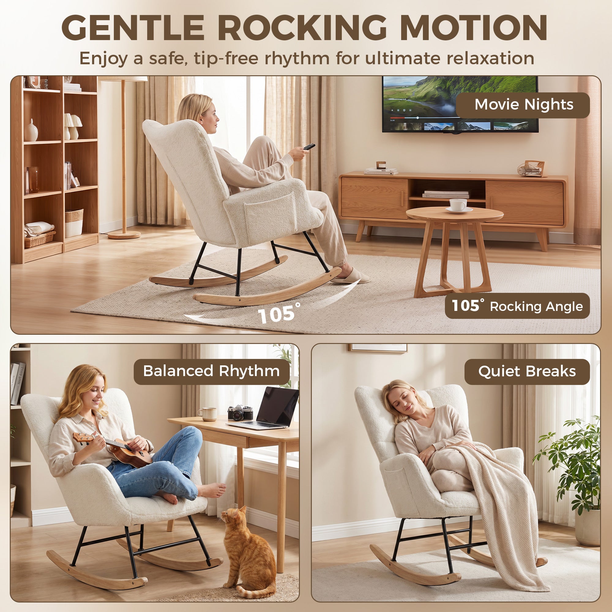 Rocking Chair, Teddy Fleece Rocker Chair with Tufted Wingback, Side Pockets, Rubber Wood Legs, Cream White
