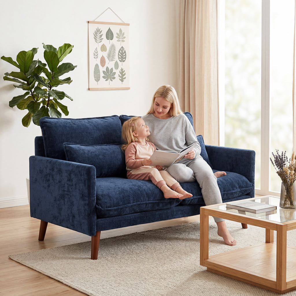 2 Seater Sofa, Loveseat Sofa with Spring Cushions, Wide and Deep Seat, Wood Legs, Blue