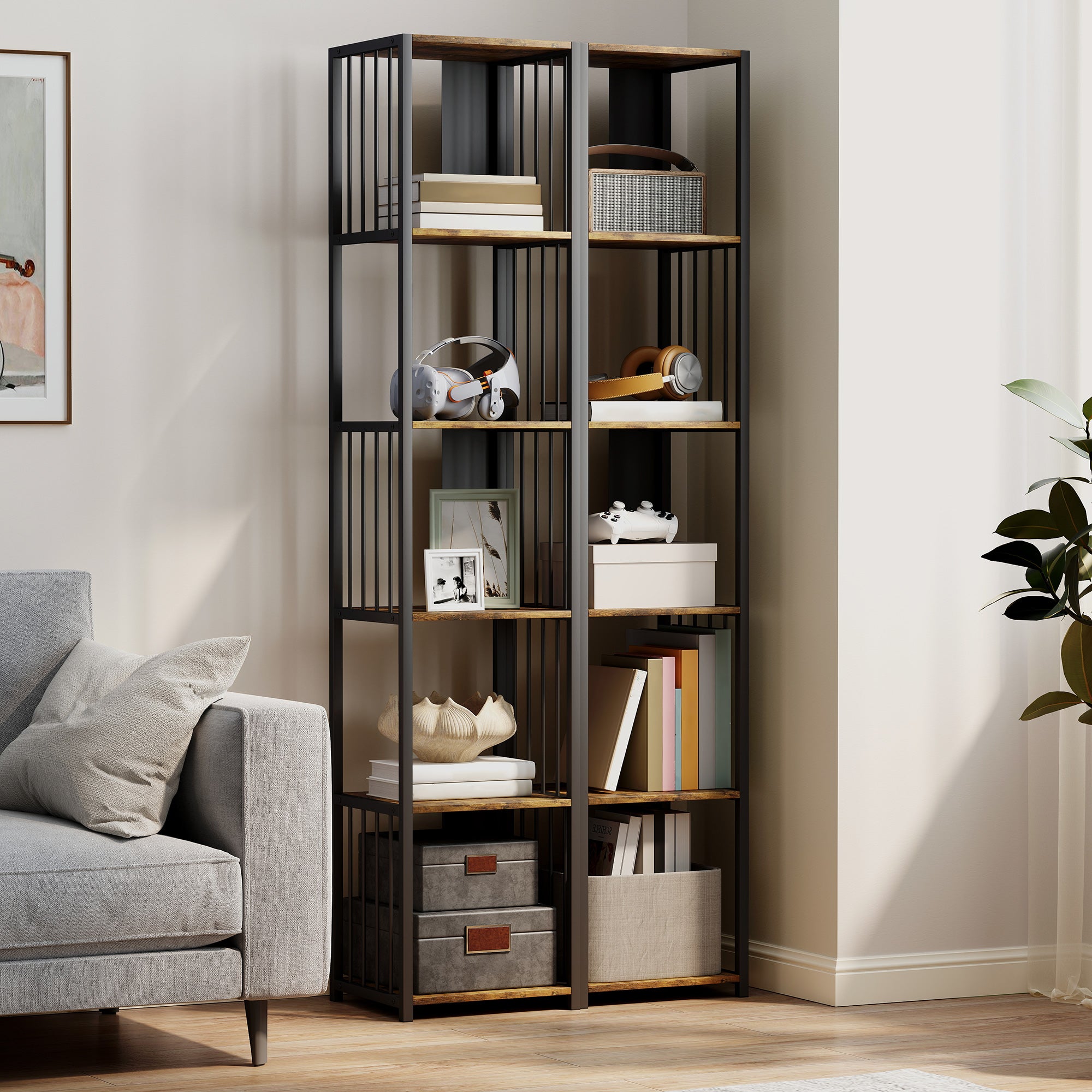 5-Tier Bookshelf with Steel Frame - Rustic Brown