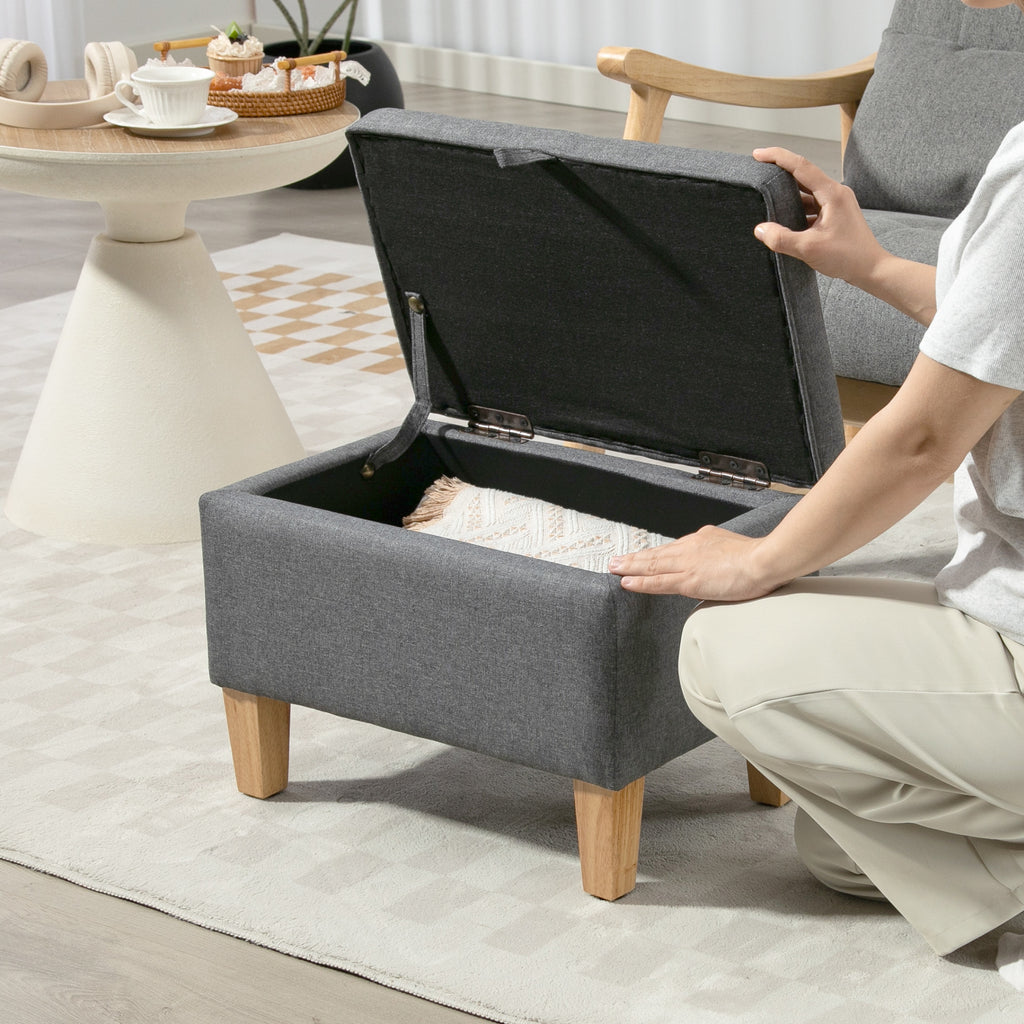 16L Linen Storage Ottoman Padded Footstool with Rubberwood Legs for Storage Box, Bed End, Shoe Bench, Seating, Charcoal Grey