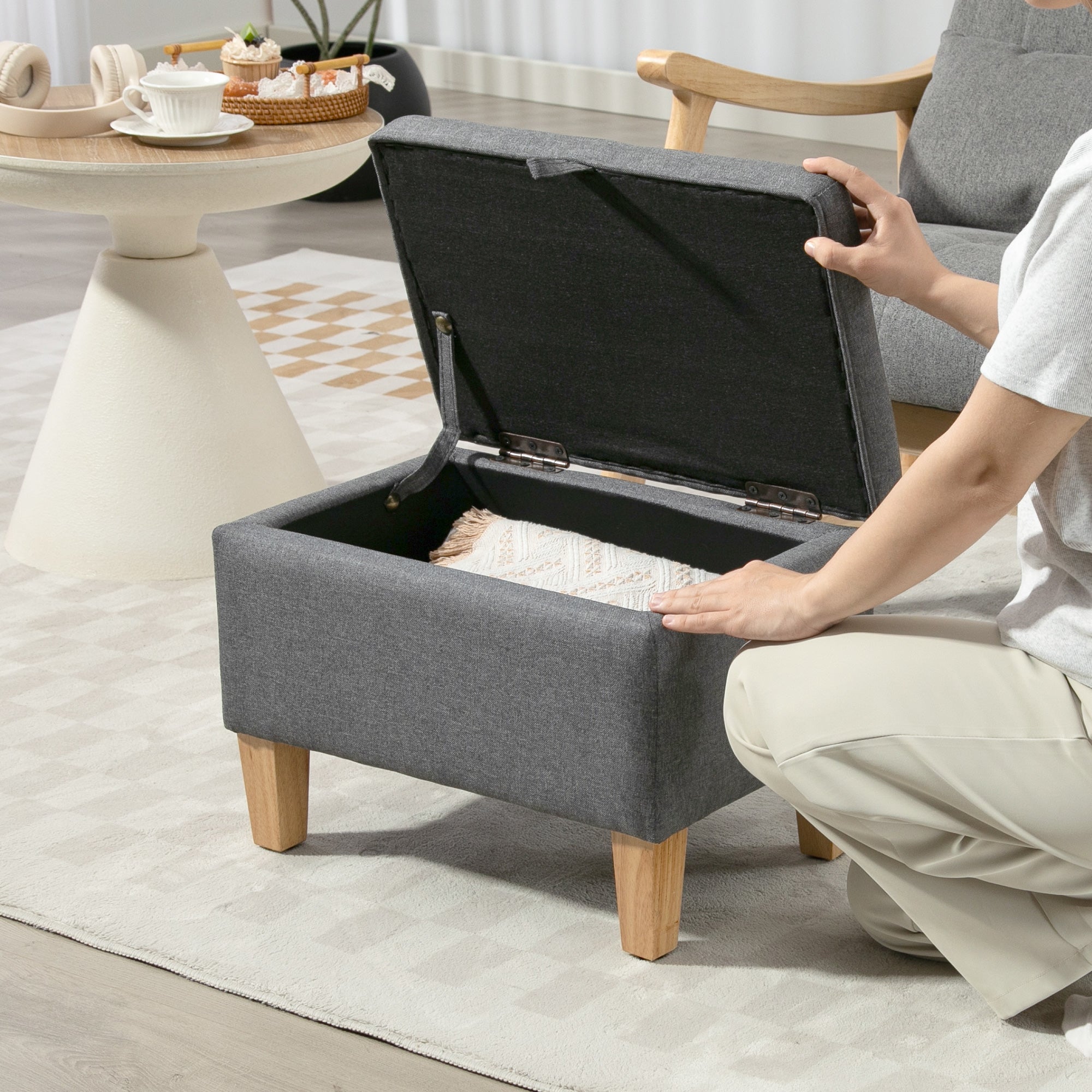16L Linen Storage Ottoman Padded Footstool with Rubberwood Legs for Storage Box, Bed End, Shoe Bench, Seating, Charcoal Grey