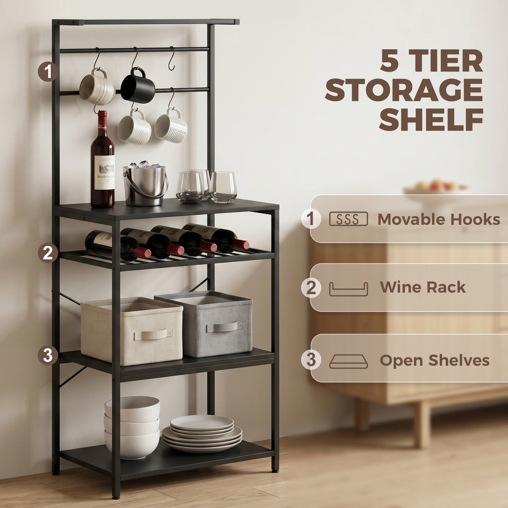 Freestanding Shelving Unit, Industrial Storage Shelf with 6 Hooks and Wine Rack for Living Room, Home Office, Black