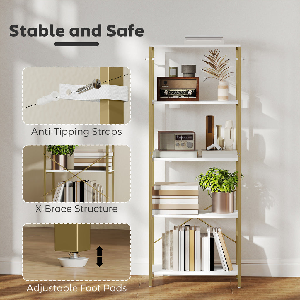 5-Tier Bookshelf, Modern Bookcase with Metal Frame - White and Gold Tone