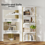 5-Tier Bookshelf, Modern Bookcase with Metal Frame - White and Gold Tone