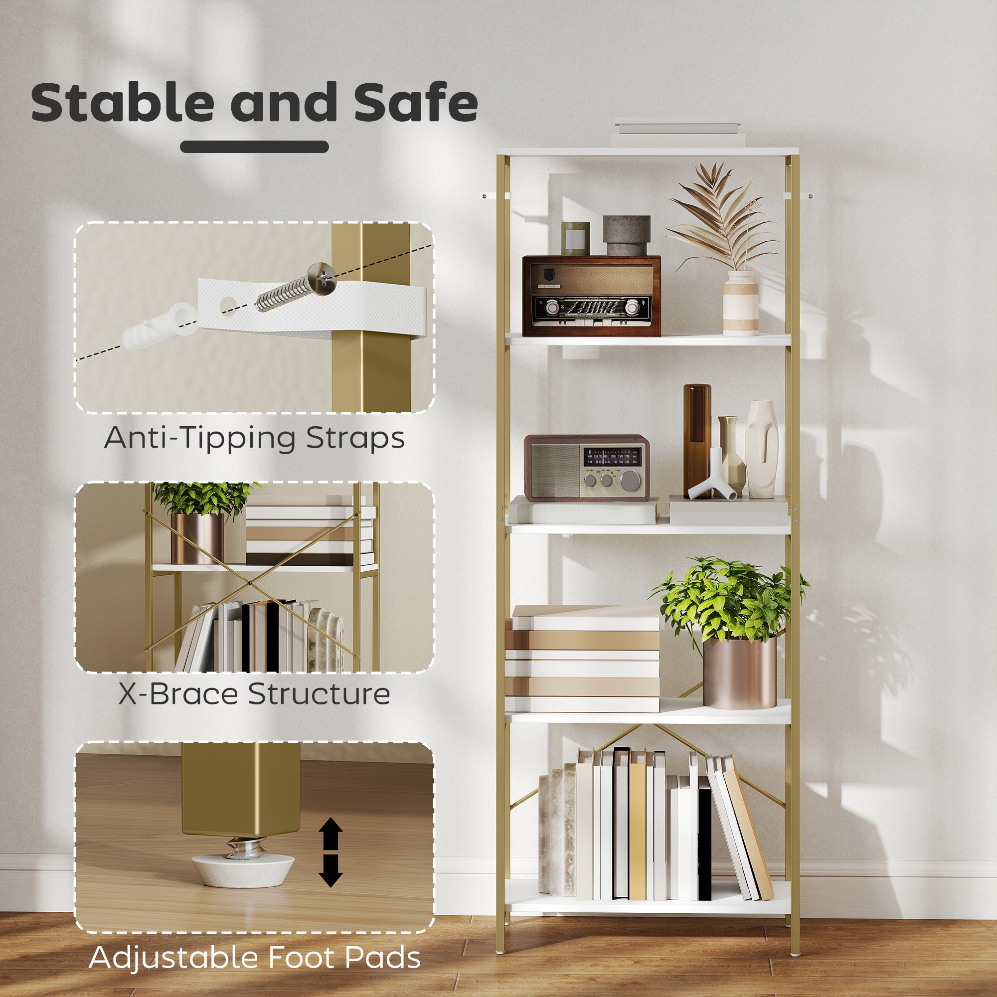 5-Tier Bookshelf, Modern Bookcase with Metal Frame - White and Gold Tone