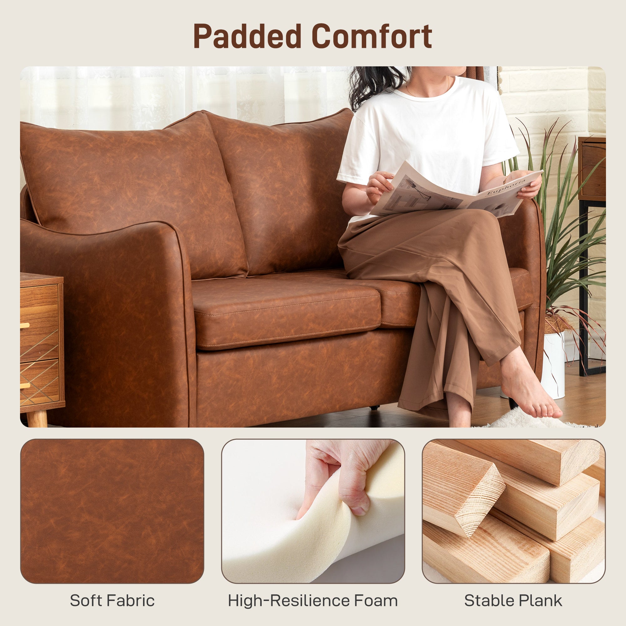 Faux Leather Marble-Effect Two-Seater Sofa - Brown