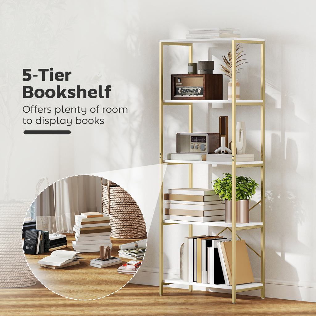 5-Tier Bookshelf, Modern Bookcase with Metal Frame - White and Gold Tone