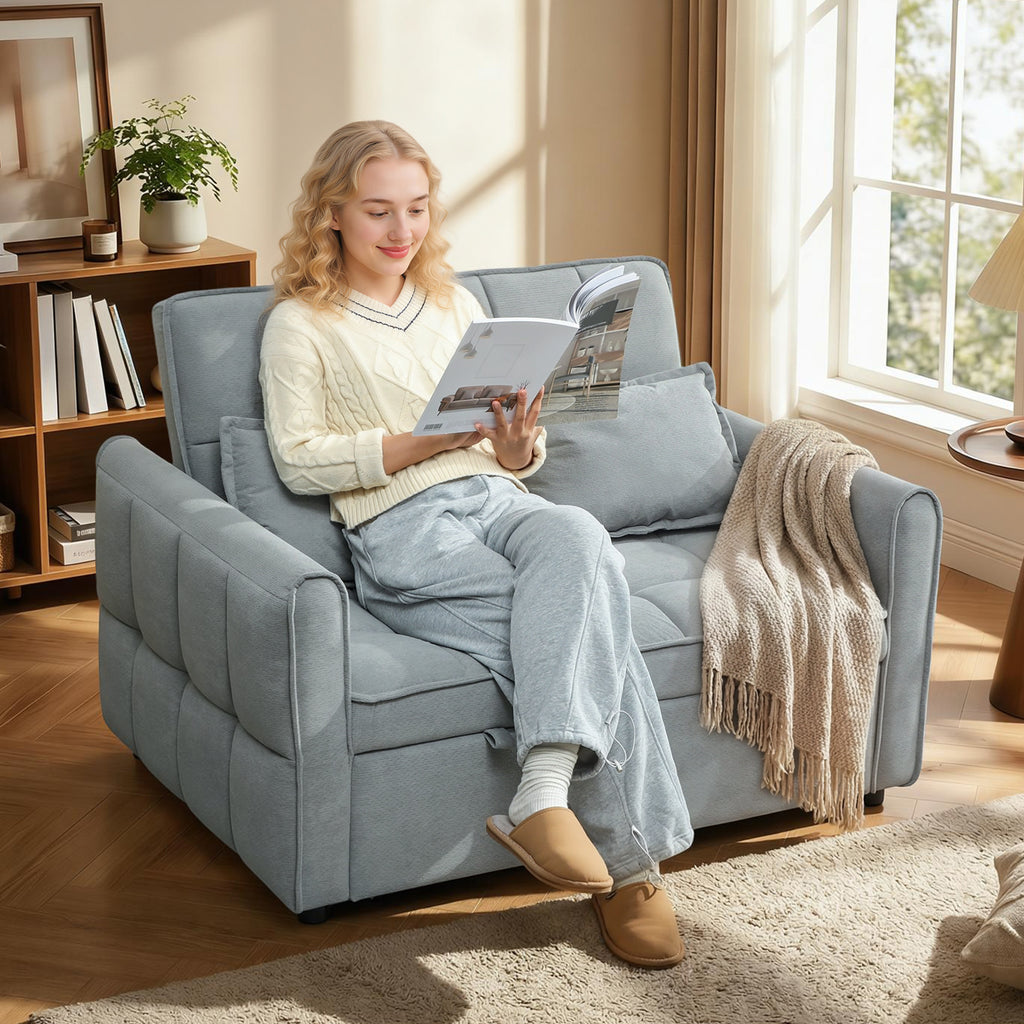 2 Seater Sofa Bed, 3-in-1 Convertible Sleeper Sofa with Click-clack Adjustable Backrest and 2 Pillows, Grey