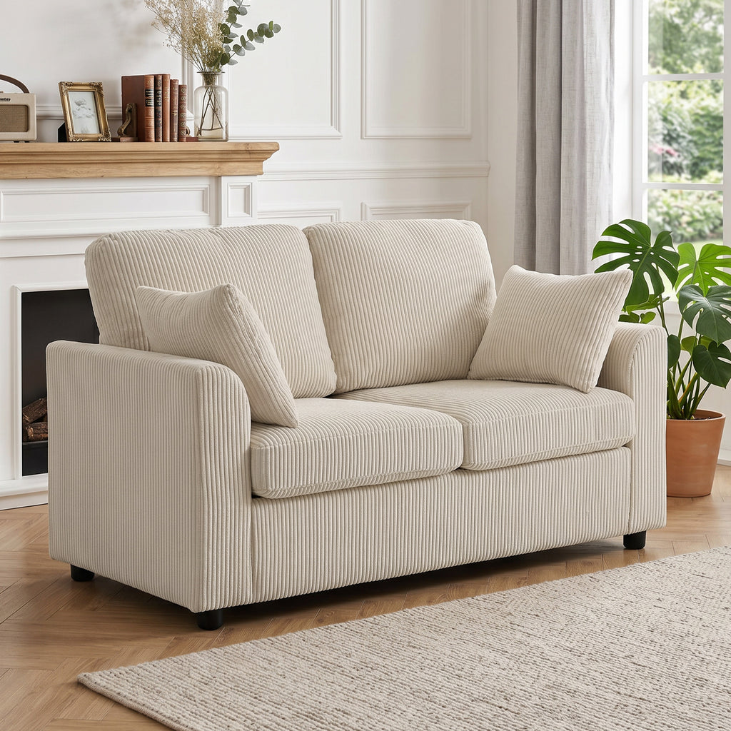 2 Seater Sofa, Corduroy Small Couch with Spring Cushion, Wide and Deep Seat, Beige