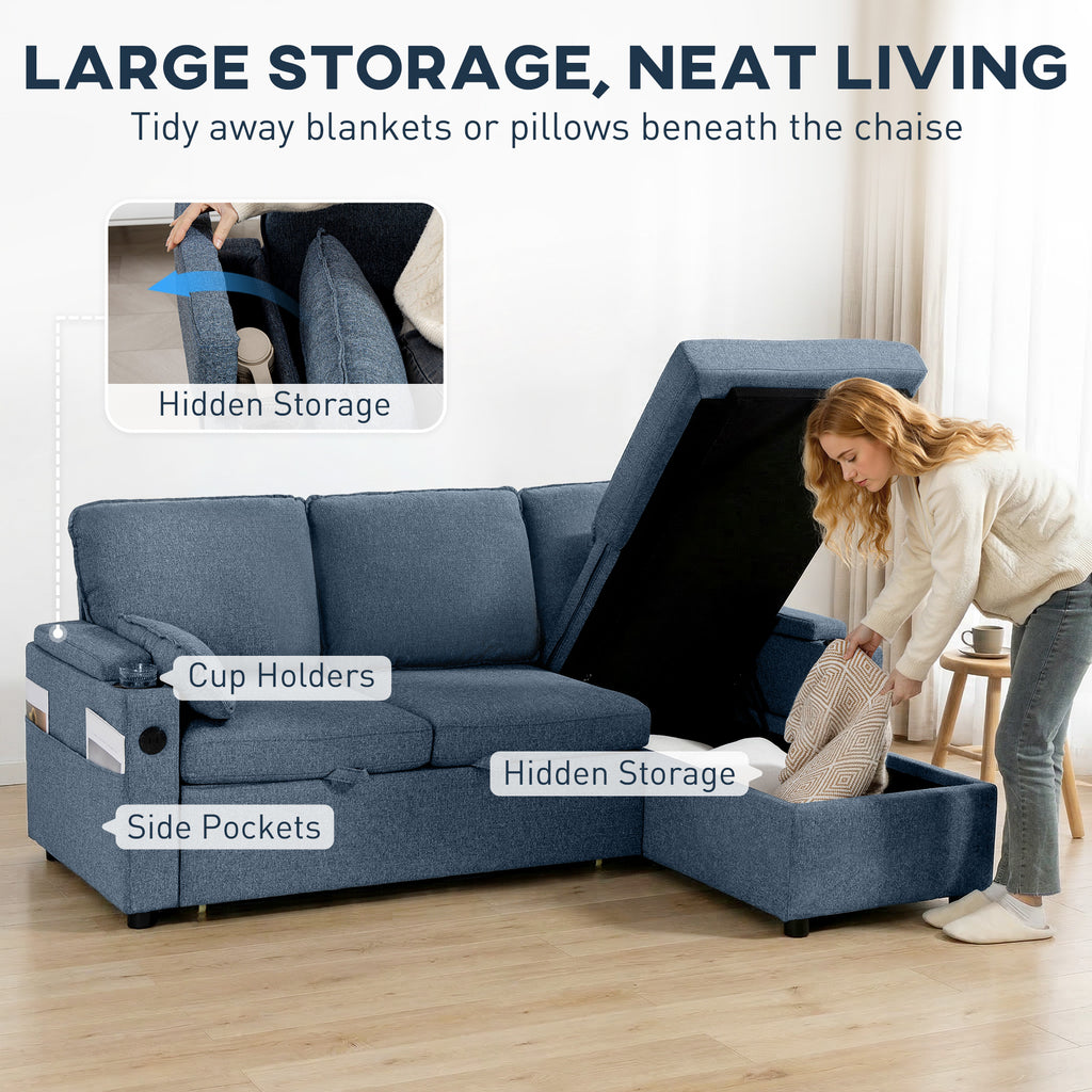 Corner Sofa Bed, L Shaped Sleeper Sectional Sofa with Reversible Storage Chaise, Blue