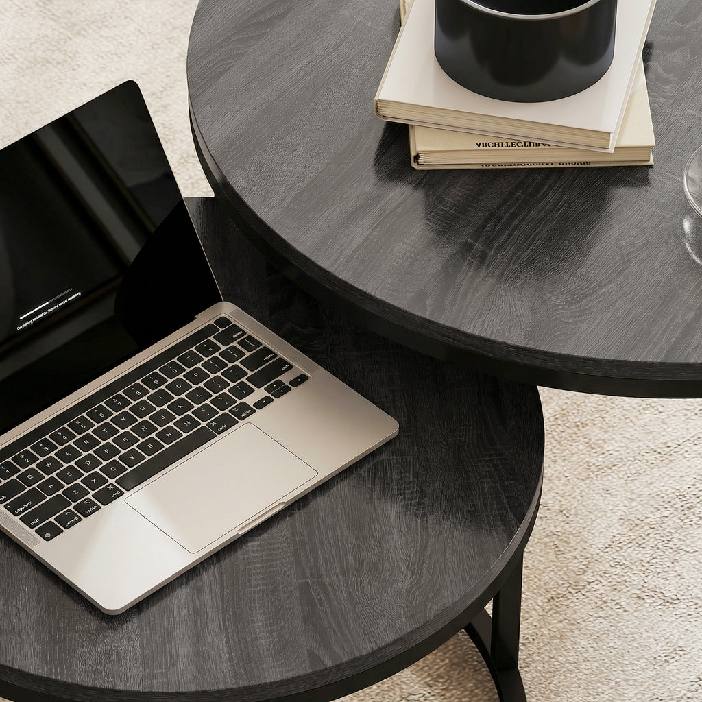 Set of Two Wood-Effect Stacking Tables - Black Wood Grain