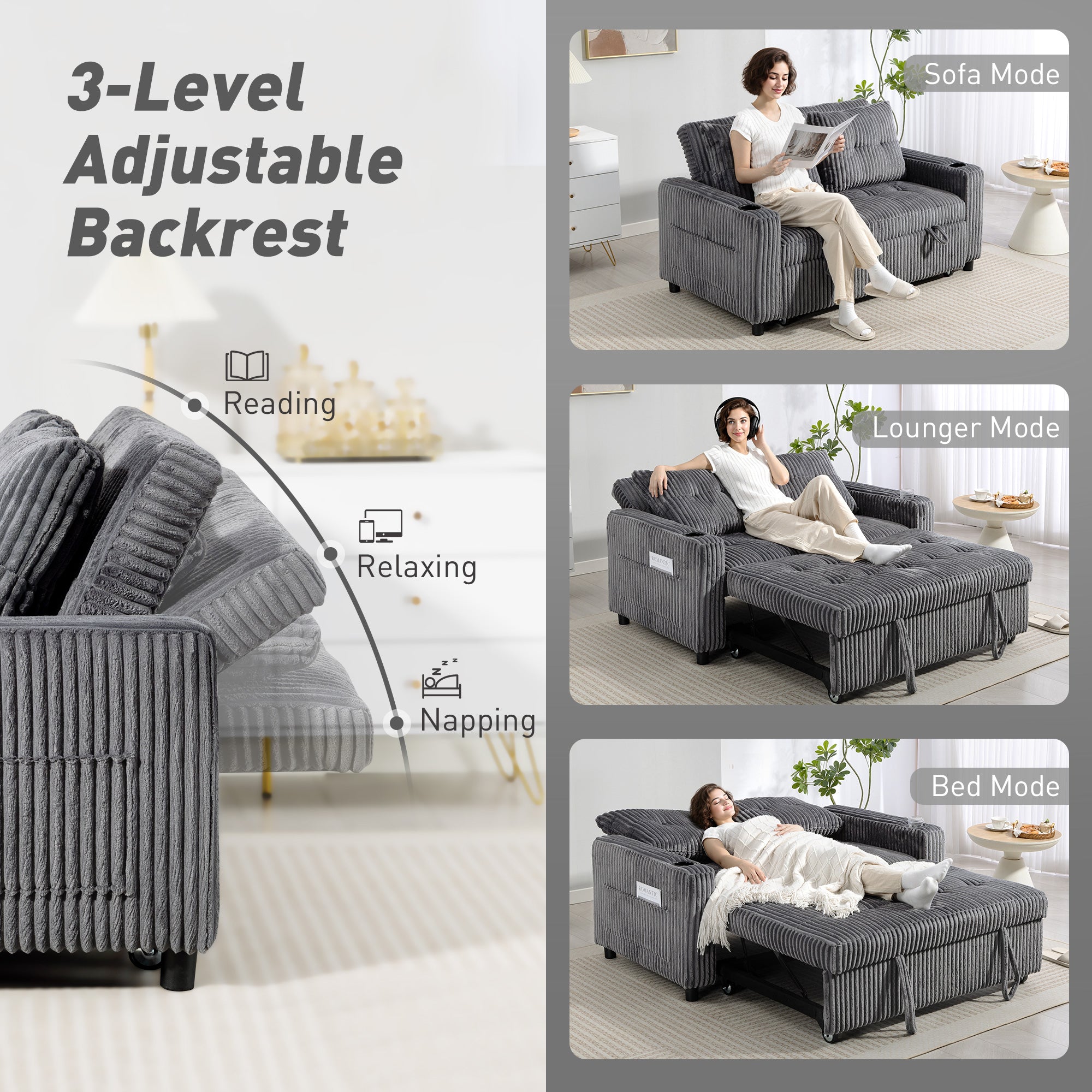 2 Seater Click Clack Sofa Bed with Pull Out Design, Corduroy Upholstery - Charcoal Grey
