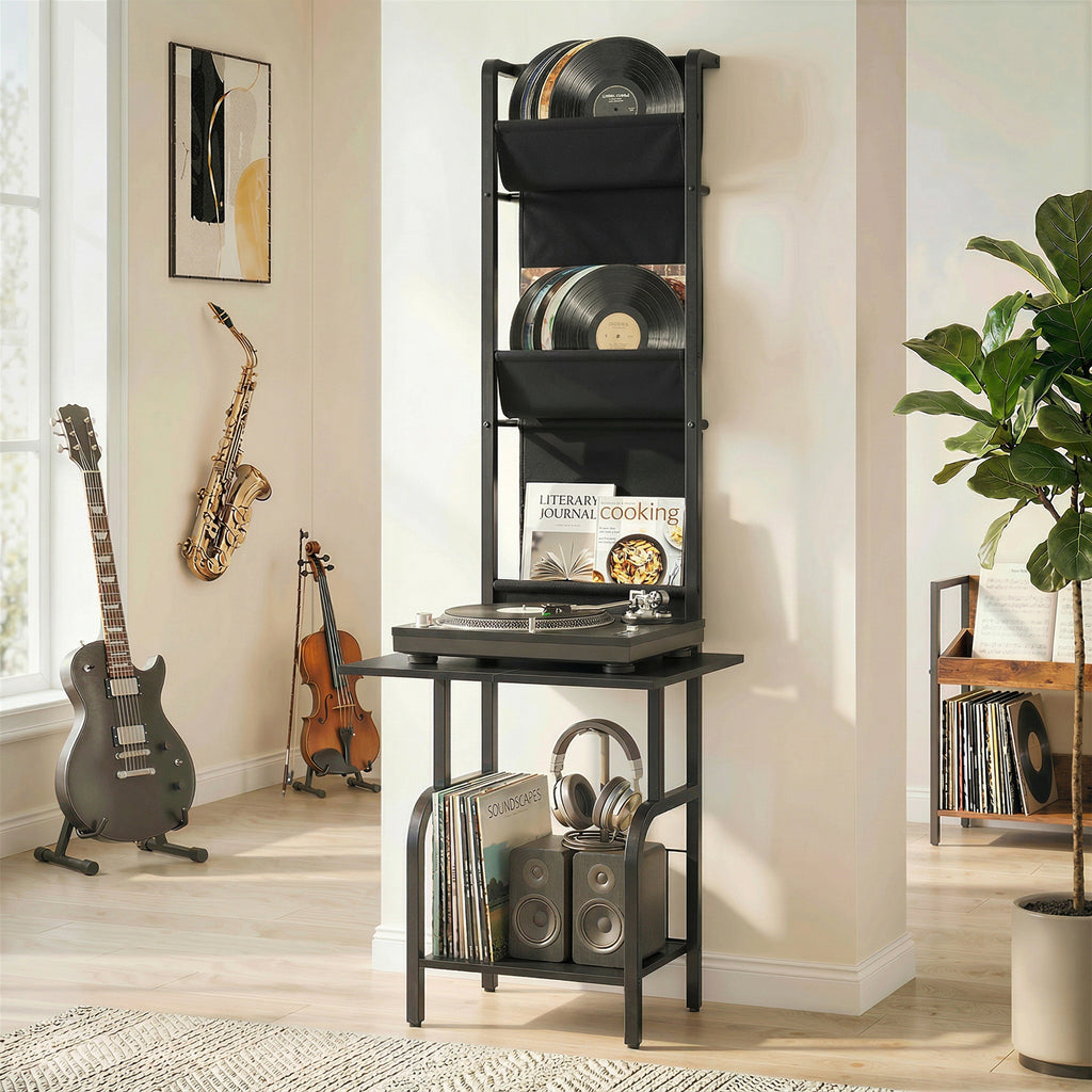 Vinyl Record Player Stand Record Storage with Player Stand Oxford Fabric Pockets Bottom Shelf, Black