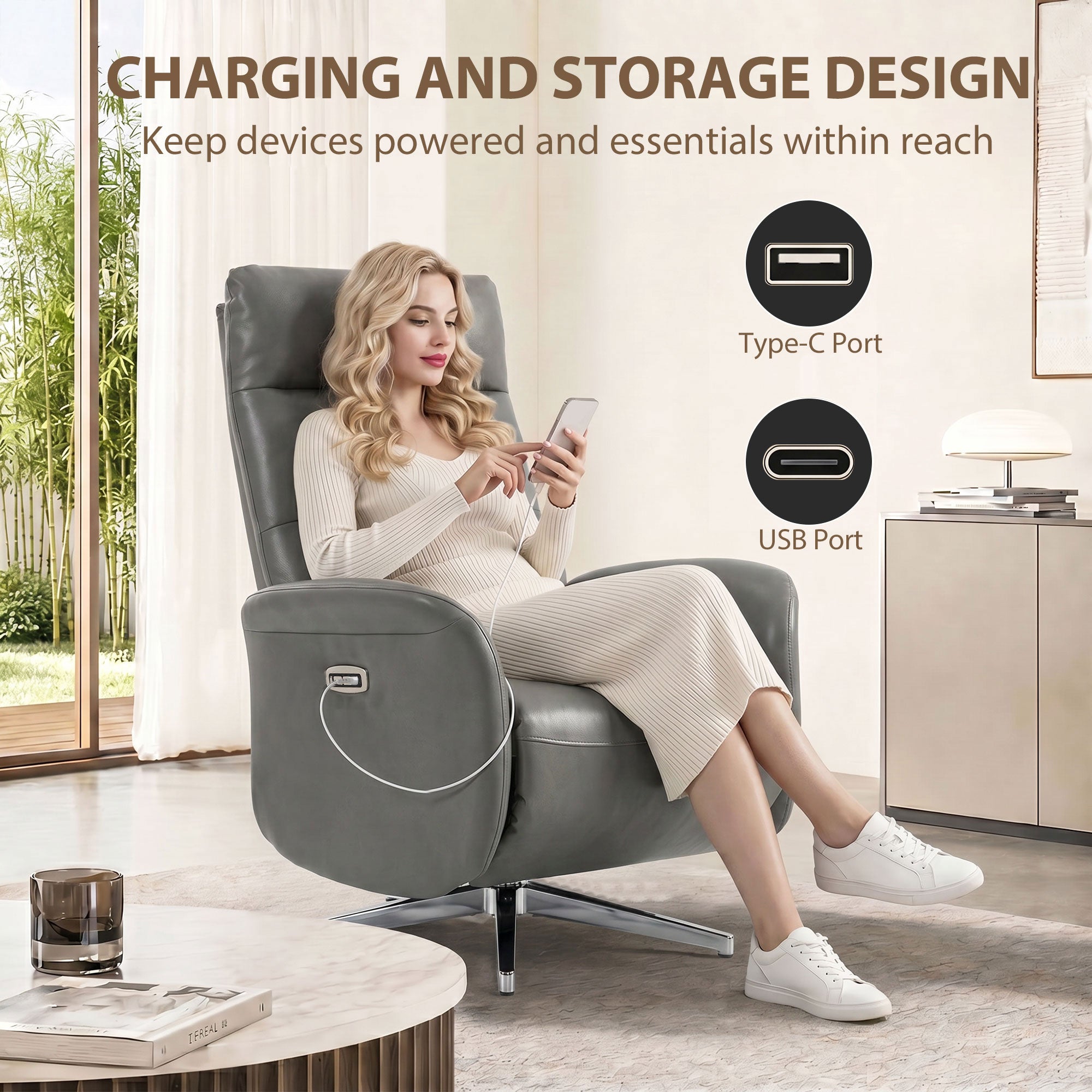Power Recliner Chair, Swivel Electric Reclining Chair with Type C+USB, Recliner Armchair with Footrest, Dark Grey