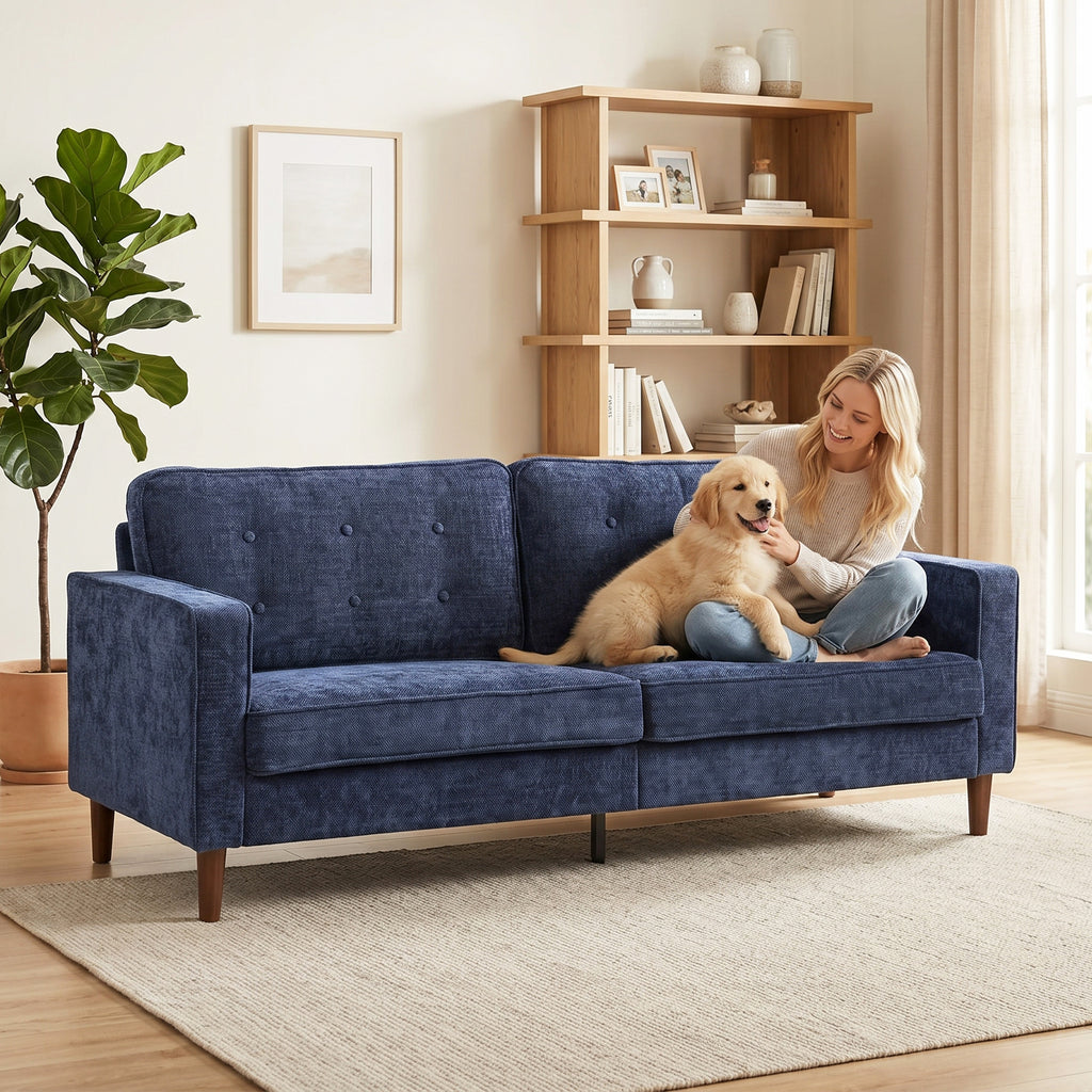 3 Seater Sofa Button Tufted Upholstered Couch with Wood Legs for Living Room, Dark Blue