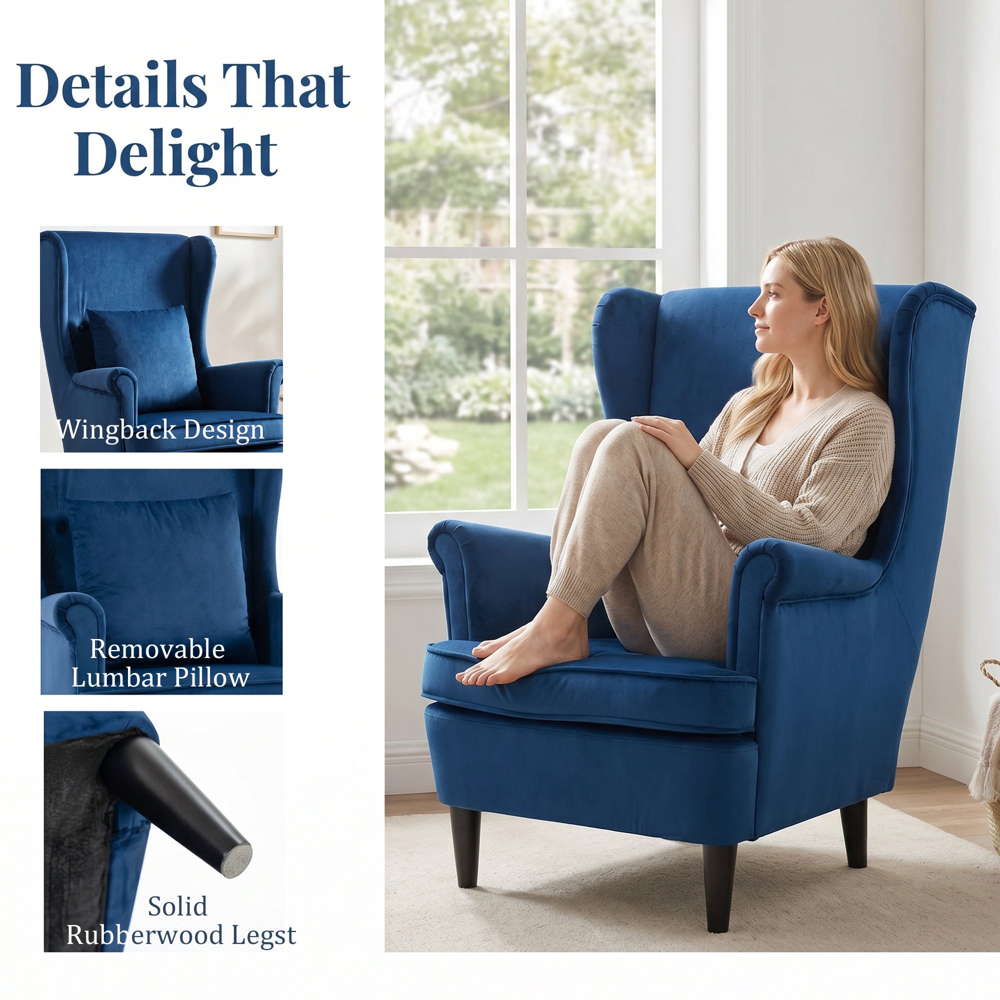 Modern Accent Chair with High Backrest and Pillow, Velvet-Feel Fabric Reading Chair with Solid Wood Legs, Blue