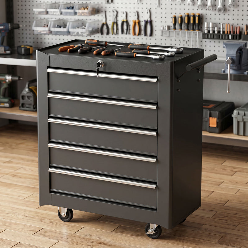 5-Drawer Lockable Rolling Tool Chest with Handle & 2 Keys – Black – image 2 of 9