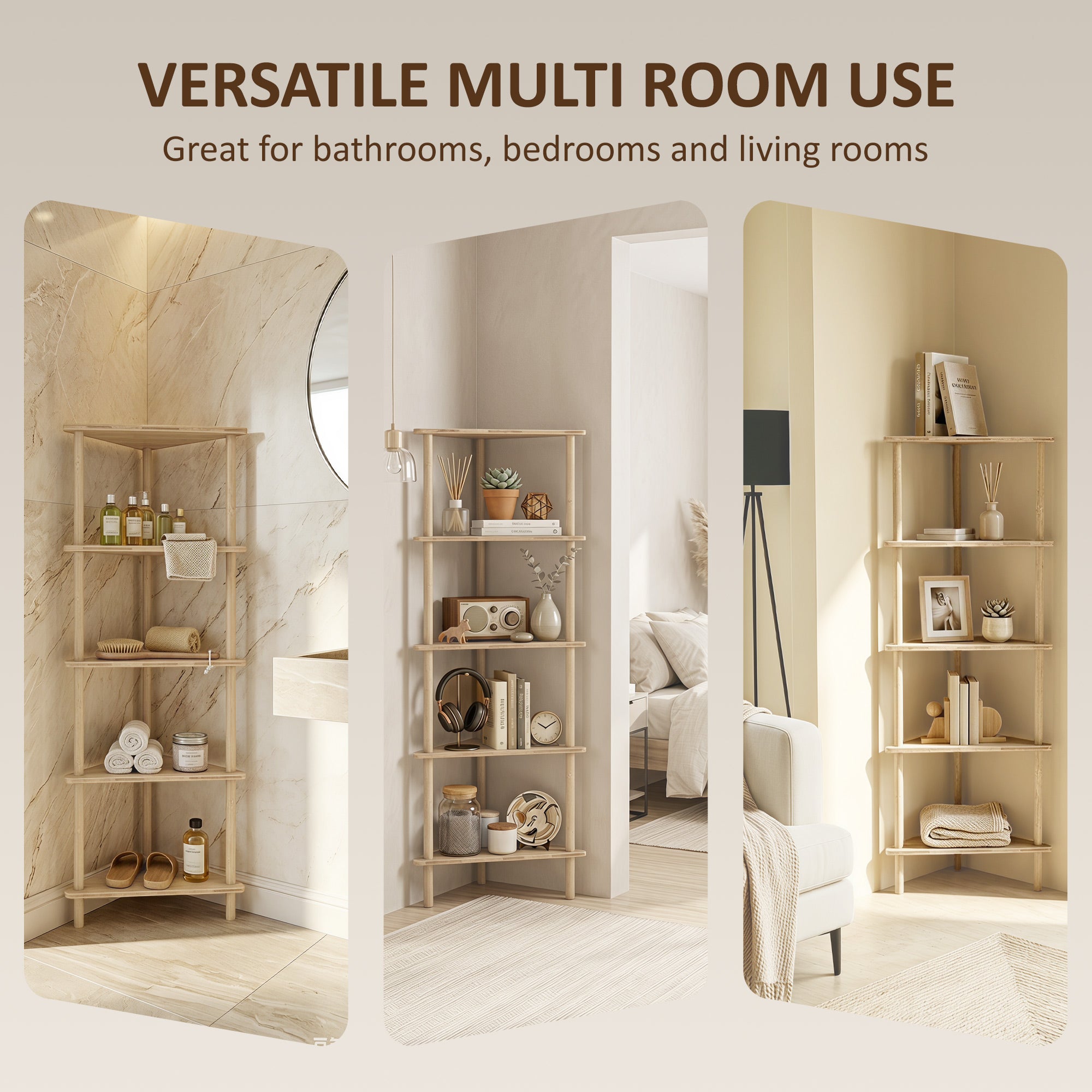 Bamboo Storage Shelf, 5-tier Corner Shelf, Freestanding Shelving Unit for Living Room, Home Office, Natural Wood Finish
