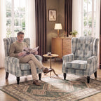 Faux Linen Armchair with Thick Spring Cushion, Wingback Accent Chair with High Back, Solid Wood Legs, Mixed Plaid