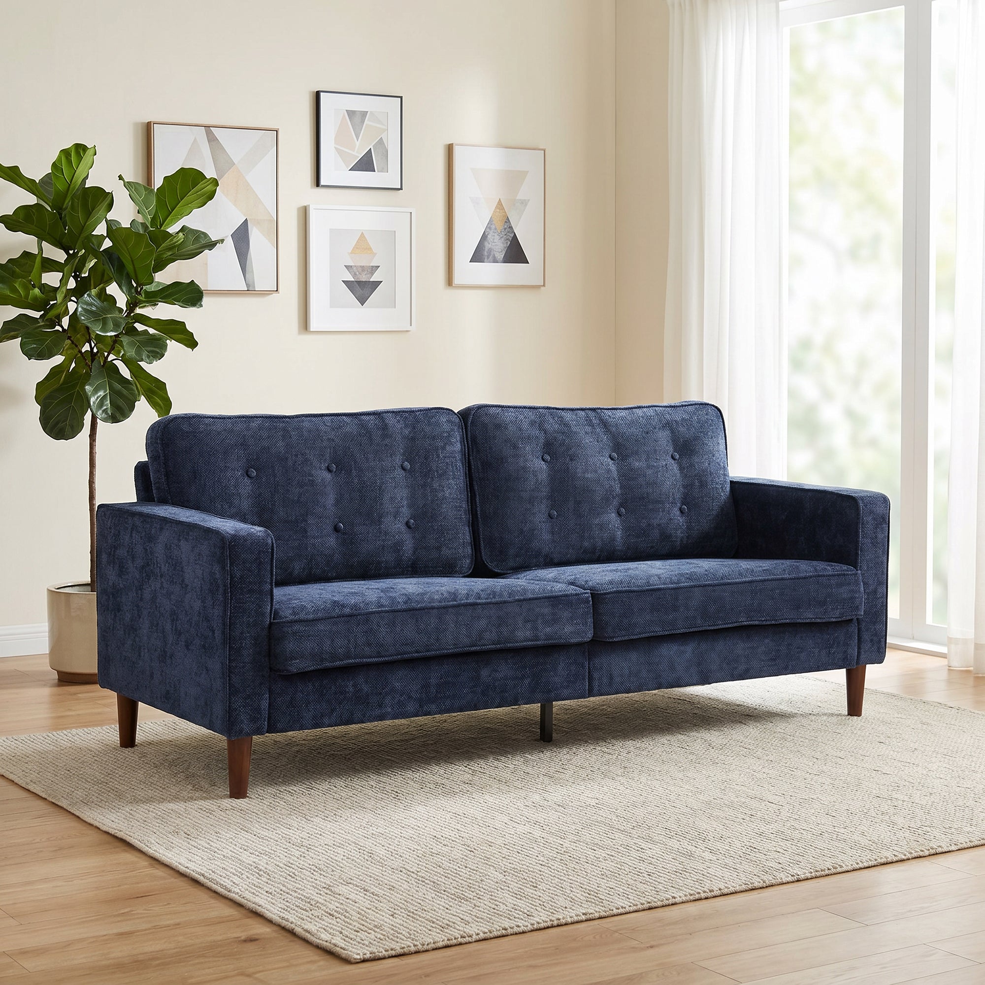 3 Seater Sofa Button Tufted Upholstered Couch with Wood Legs for Living Room, Dark Blue