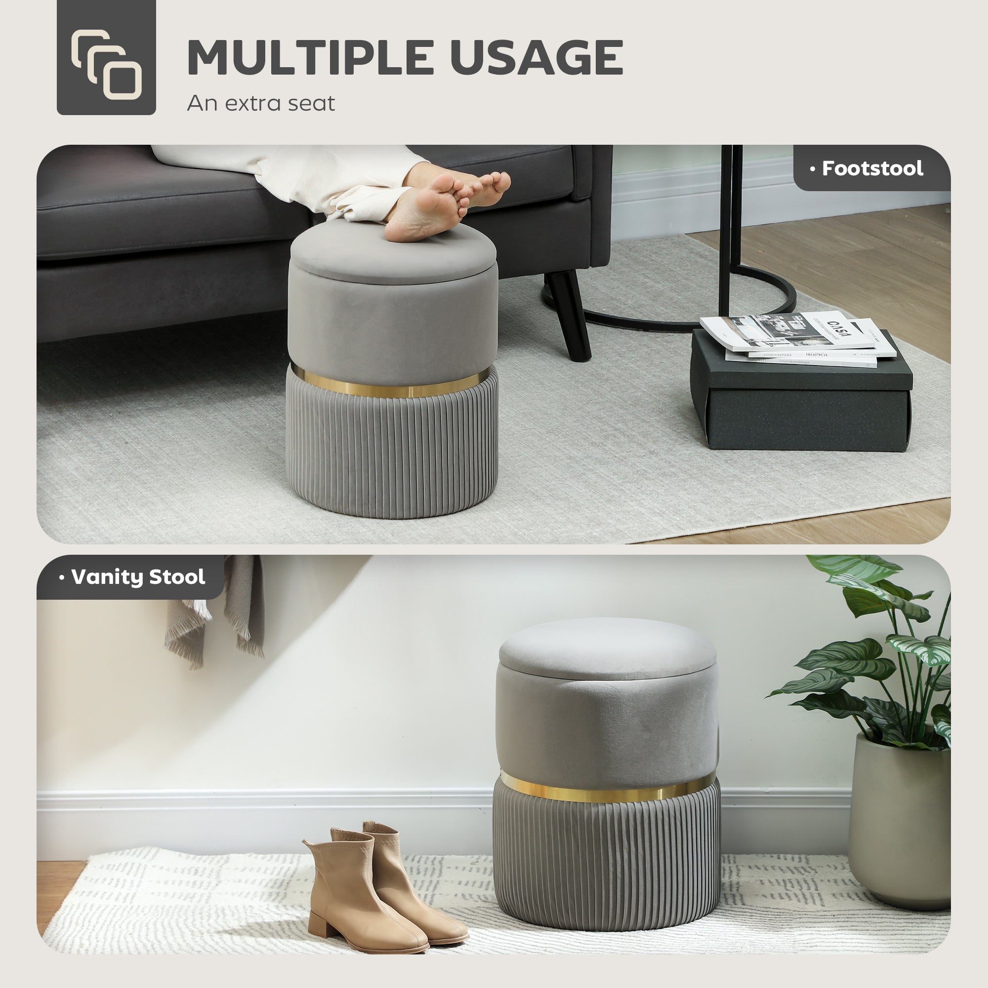 Velvet-Feel Storage Ottoman - Light Grey