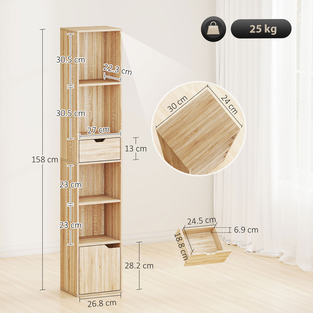 6-Tier Bookcase, Tall Narrow Bookshelf with Drawer and Door - Natural Wood Finish